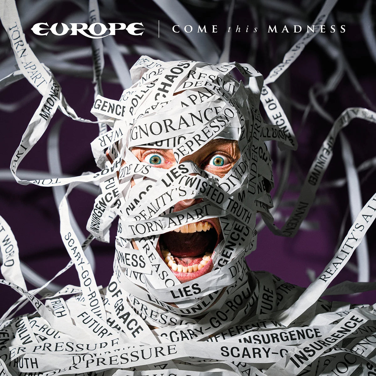 Album cover for 'Come This Madness' by Europe with a person wrapped in text strips on a dark background.