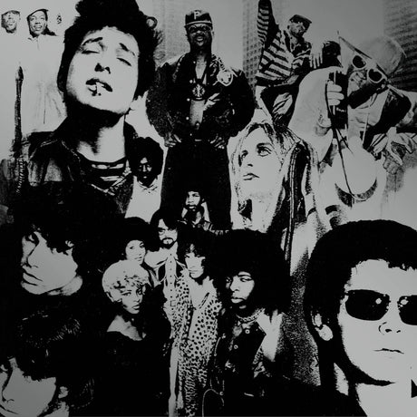 Black and white collage of various people in different poses and outfits.