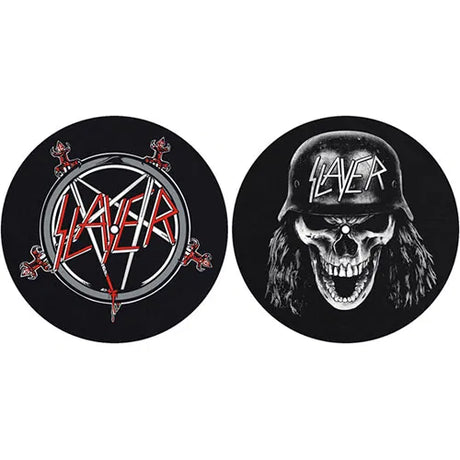 Two Slayer coasters, one with logo and another with skull wearing helmet.