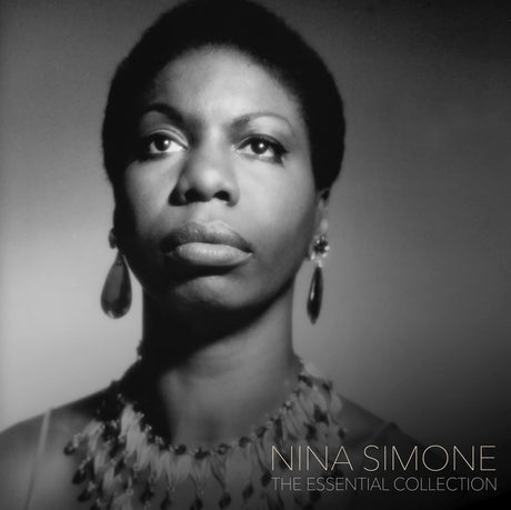Black and white portrait of Nina Simone with text 'Nina Simone The Essential Collection' on a gray background