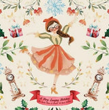 Illustration of a woman in a festive outfit with decorative elements on a light background