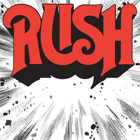 Red 'RUSH' logo on a black and white abstract background
