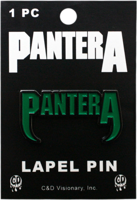 A Pantera lapel pin in green enamel on a black backing card, with 'PANTERA' printed in large white letters and 'LAPEL PIN' at the bottom.