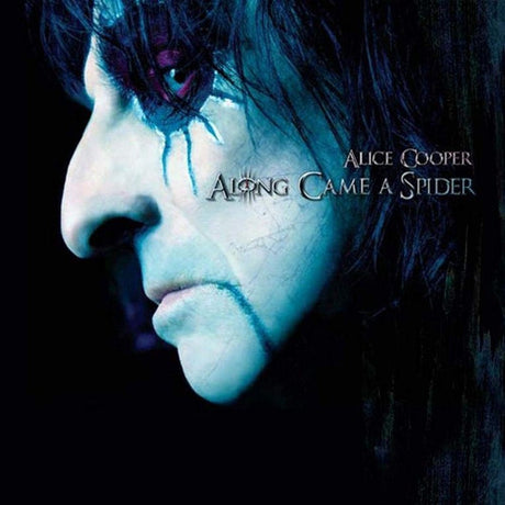 Album cover art for Alice Cooper's 'Along Came a Spider', featuring a dramatic close-up side profile of the artist with dark hair, pale blue-tinted makeup, and a black background.