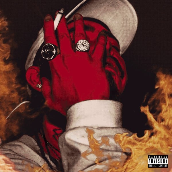 A stylized portrait of a person in a white cap and white shirt, with one hand raised in front of their face, wearing large rings and a cigarette. The image has a strong red color cast, with flames along the left and right edges and a Parental Advisory label in the bottom right corner.