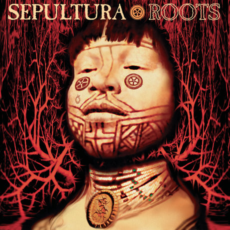 Album cover art for 'Sepultura - Roots' featuring a stylized portrait of a person with face tattoos and a necklace, set against a dark red background with tree-like branches and the band name at the top.
