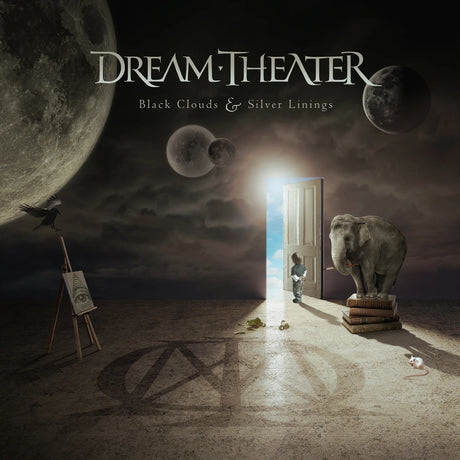 Album cover for Dream Theater's 'Black Clouds & Silver Linings' with a surreal scene featuring an elephant, open door, and moon.