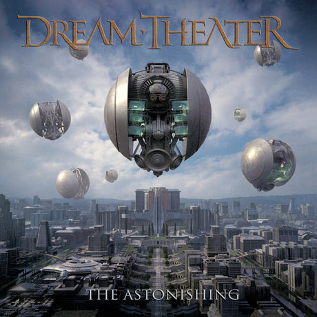 Album cover for Dream Theater's 'The Astonishing' with futuristic cityscape and flying machines.