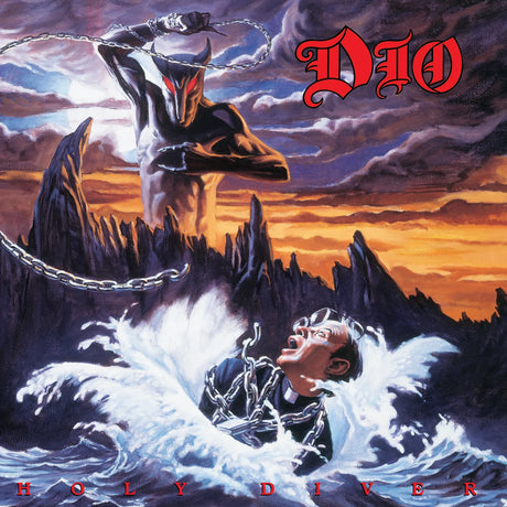 Album cover for 'Holy Diver' by Dio featuring a dramatic scene with a chained figure and a celestial being.