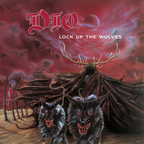Album cover for 'Lock Up The Wolves' by Dio featuring a dark figure with antlers and two wolves.