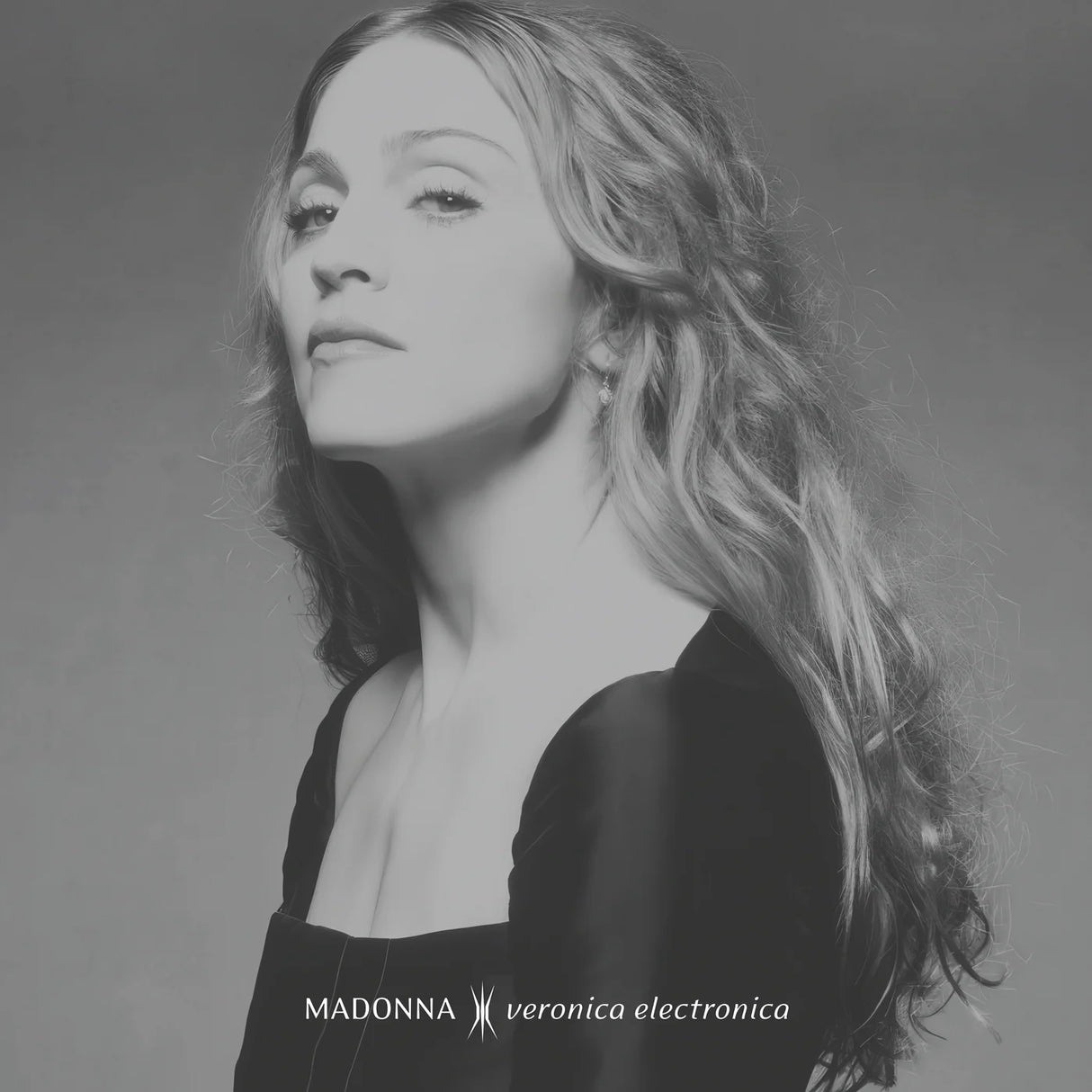 Black and white portrait of a woman with text overlay on a gray background