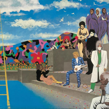Colorful mural with people by a poolside against a blue sky.