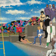 Colorful mural with people by a poolside under a blue sky with clouds.