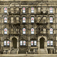 Album cover of 'Physical Graffiti' by Led Zeppelin with building facade and window panes displaying letters.