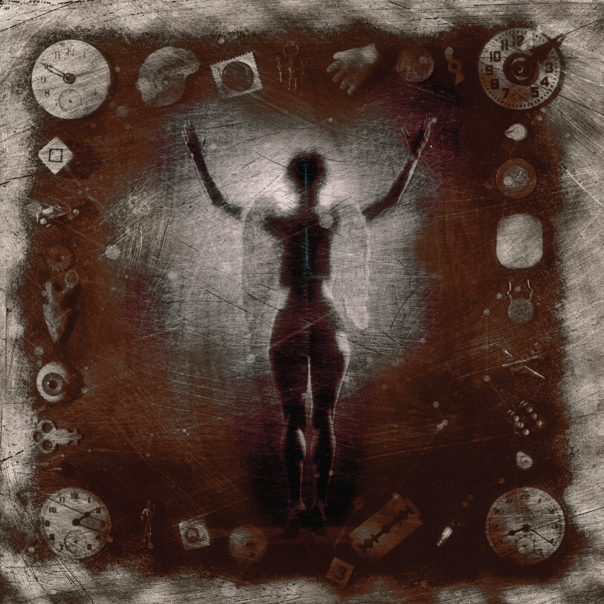 Artistic depiction of a silhouette with mechanical elements and symbols around