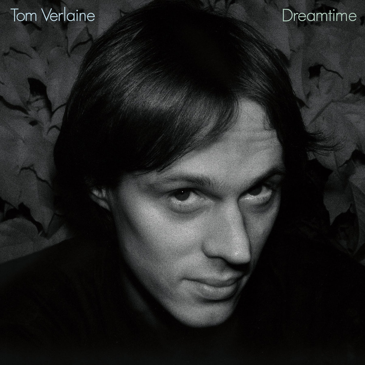 Tom Verlaine 'Dreamtime' black and white album cover featuring a close-up portrait of the artist against a dark textured background with the title text in the top corners.