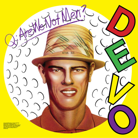Album cover for DEVO's 'Are We Not Men? A Are We Not Women?' with a person wearing a hat on a yellow background.