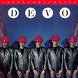 Album cover of DEVO with band members wearing red hats and shiny suits against a blue background.