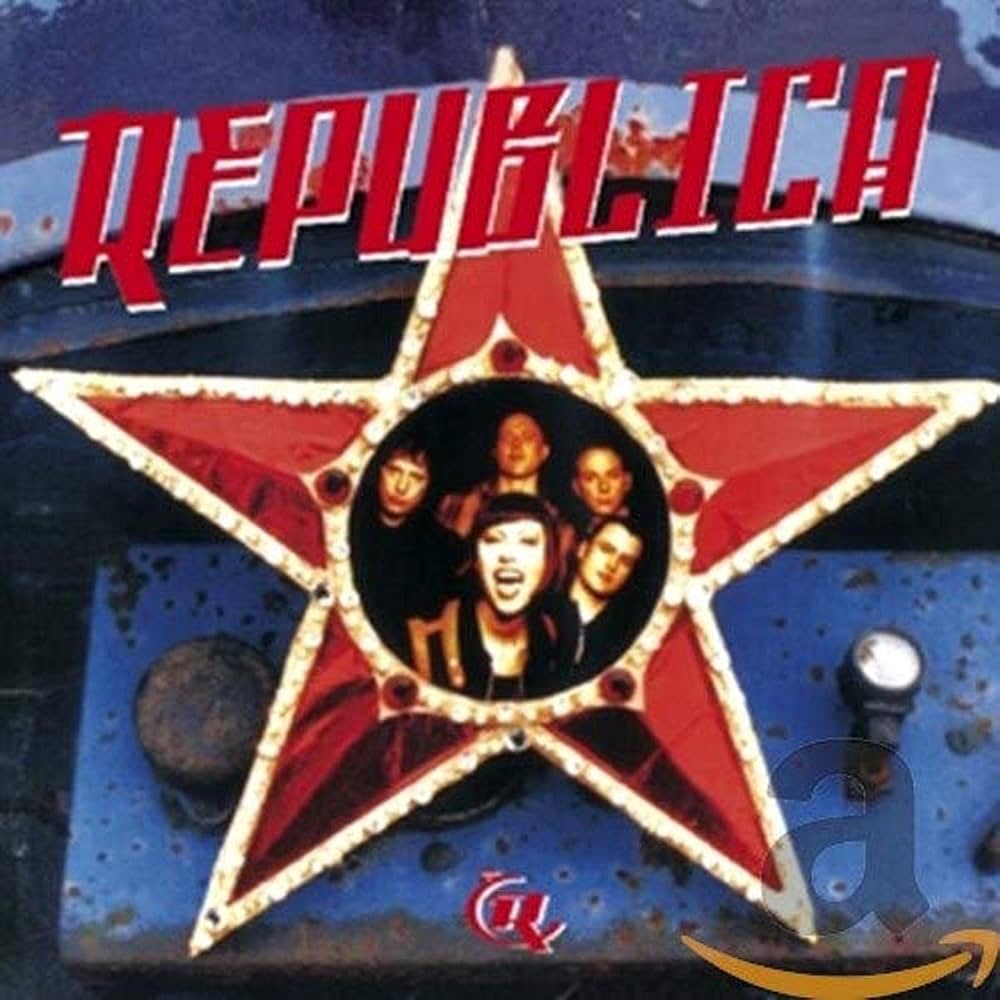 Album cover for Republic's 'CQ' featuring a large red star with a gold outline, a circular inset photo of the band members, and the band name 'REPUBLIC' in bold red letters at the top.