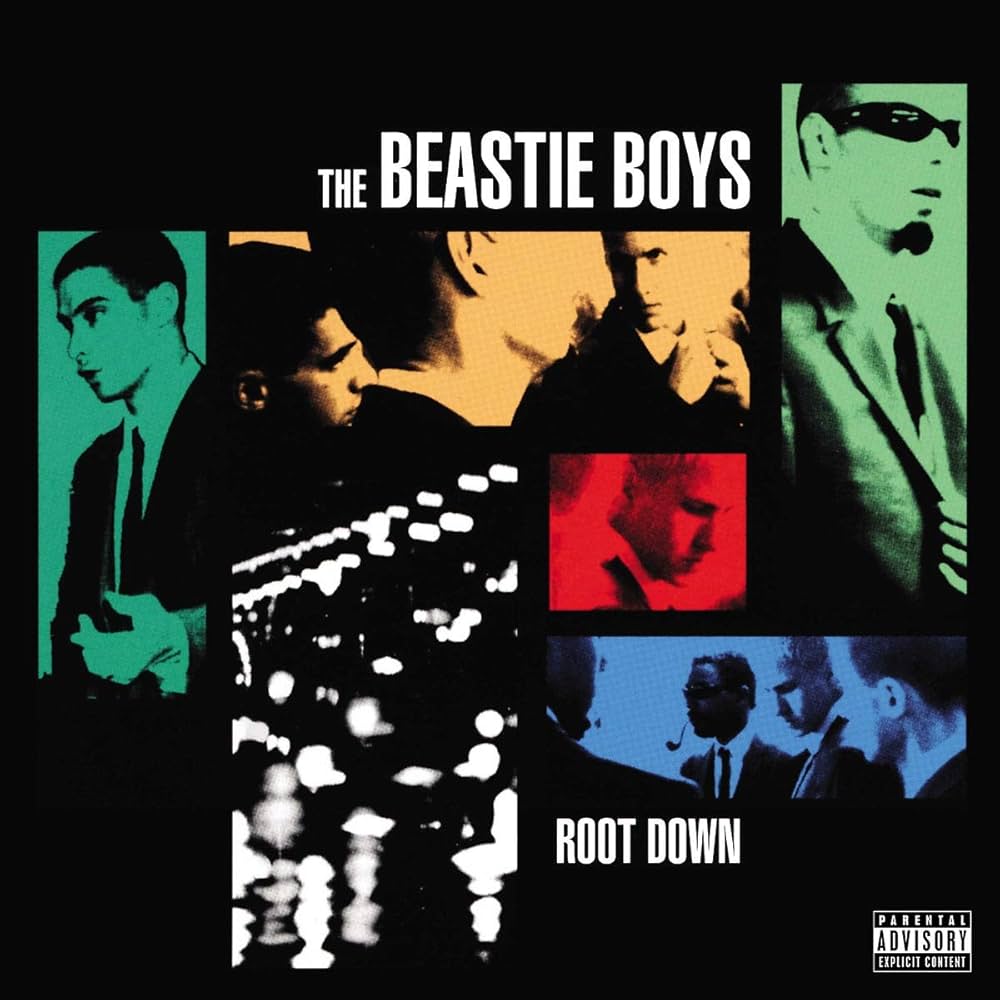 Album cover for 'Root Down' by The Beastie Boys with stylized portraits and color blocks.