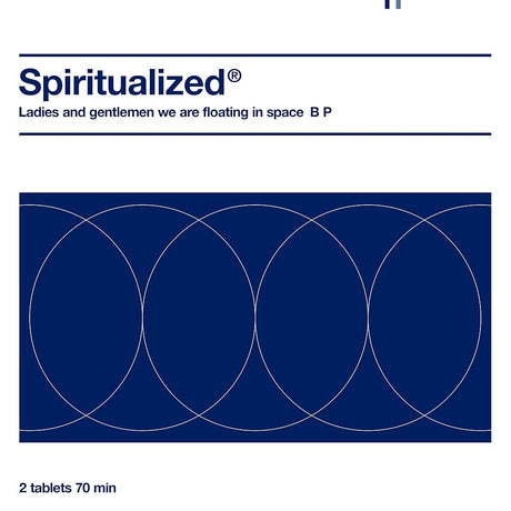 Album cover for 'Ladies and gentlemen we are floating in space B P' by Spiritualized with blue background and white text.