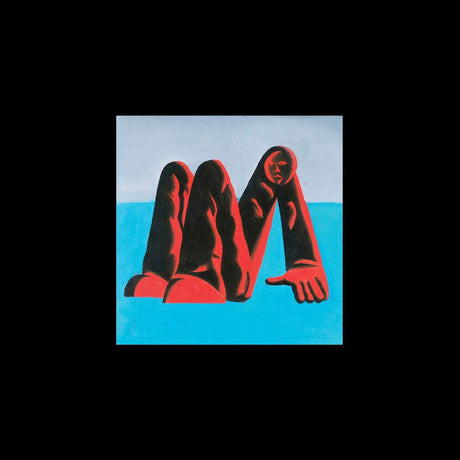 Surreal artwork of three figures with red and black colors on a blue background