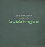 Album cover for Joy Division's 'Substance' with text on a dark green background