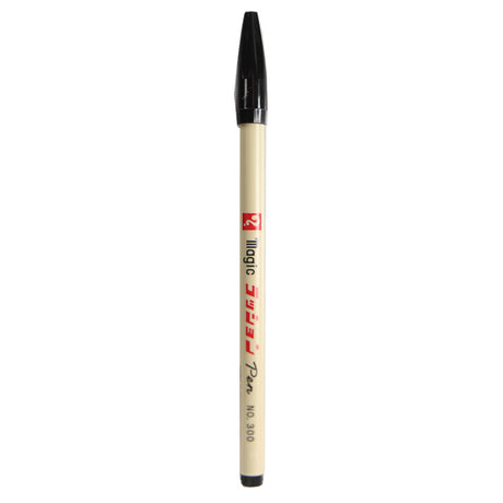A single beige calligraphy pen with a black cap and red printed branding, shown vertically against a plain white background.
