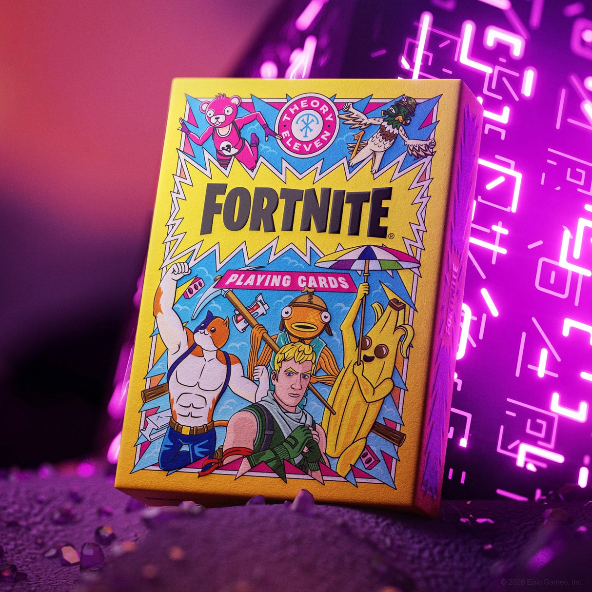 Fortnite playing cards box with colorful design on a purple background
