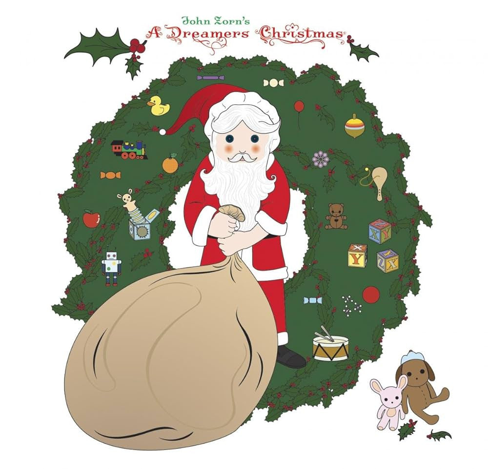 Illustration of Santa Claus with a Christmas wreath, toys, and a bag on a white background.