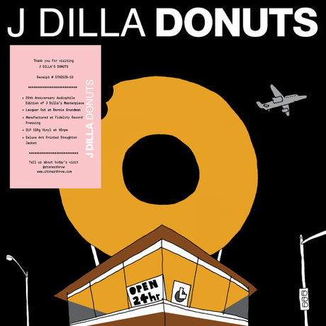 Album cover for 'J Dilla Donuts' with a large yellow donut, building, and airplane.