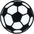 A round embroidered patch featuring a classic black and white soccer ball pattern, isolated on a white background.