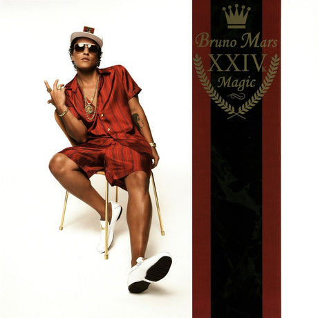 Album cover with a person in red outfit and sunglasses, featuring 'Bruno Mars XXIV Magic' text.