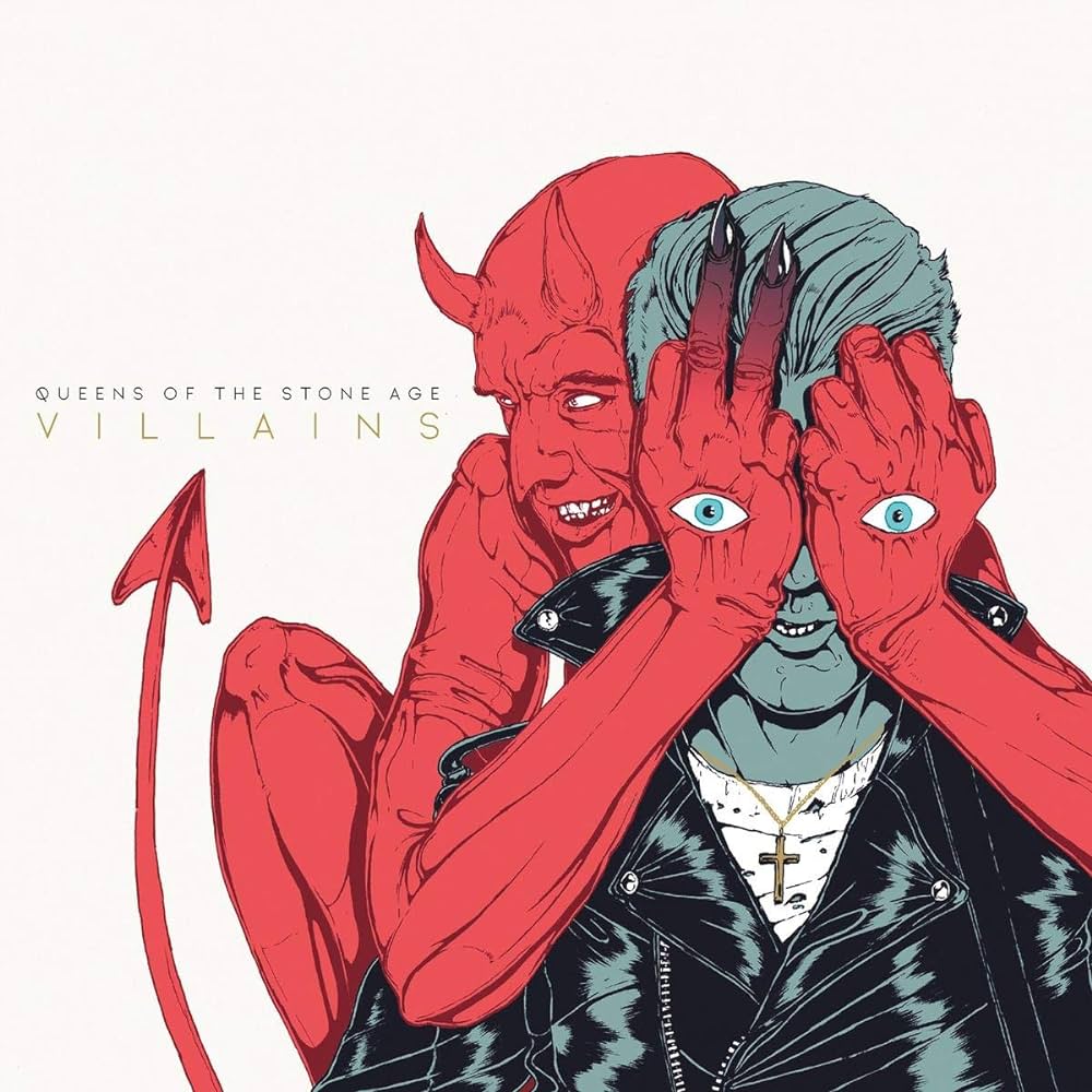 Album cover for 'Villains' by Queens of the Stone Age featuring a red devil and gray person with crossed eyes.