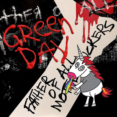 Album cover for Green Day's 'Father of All...' featuring a unicorn and text.