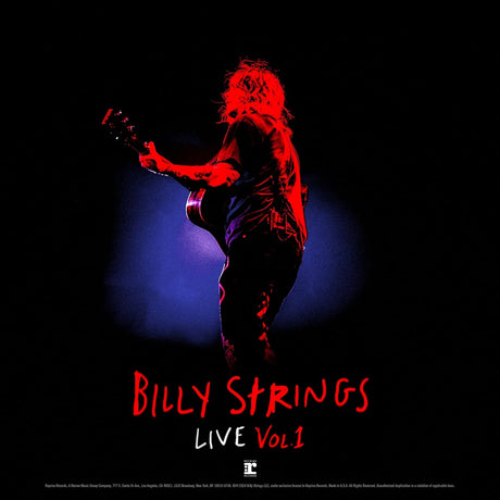 Album cover for 'Billy Strings Live Vol. 1' with a silhouette of a person playing guitar against a dark background.
