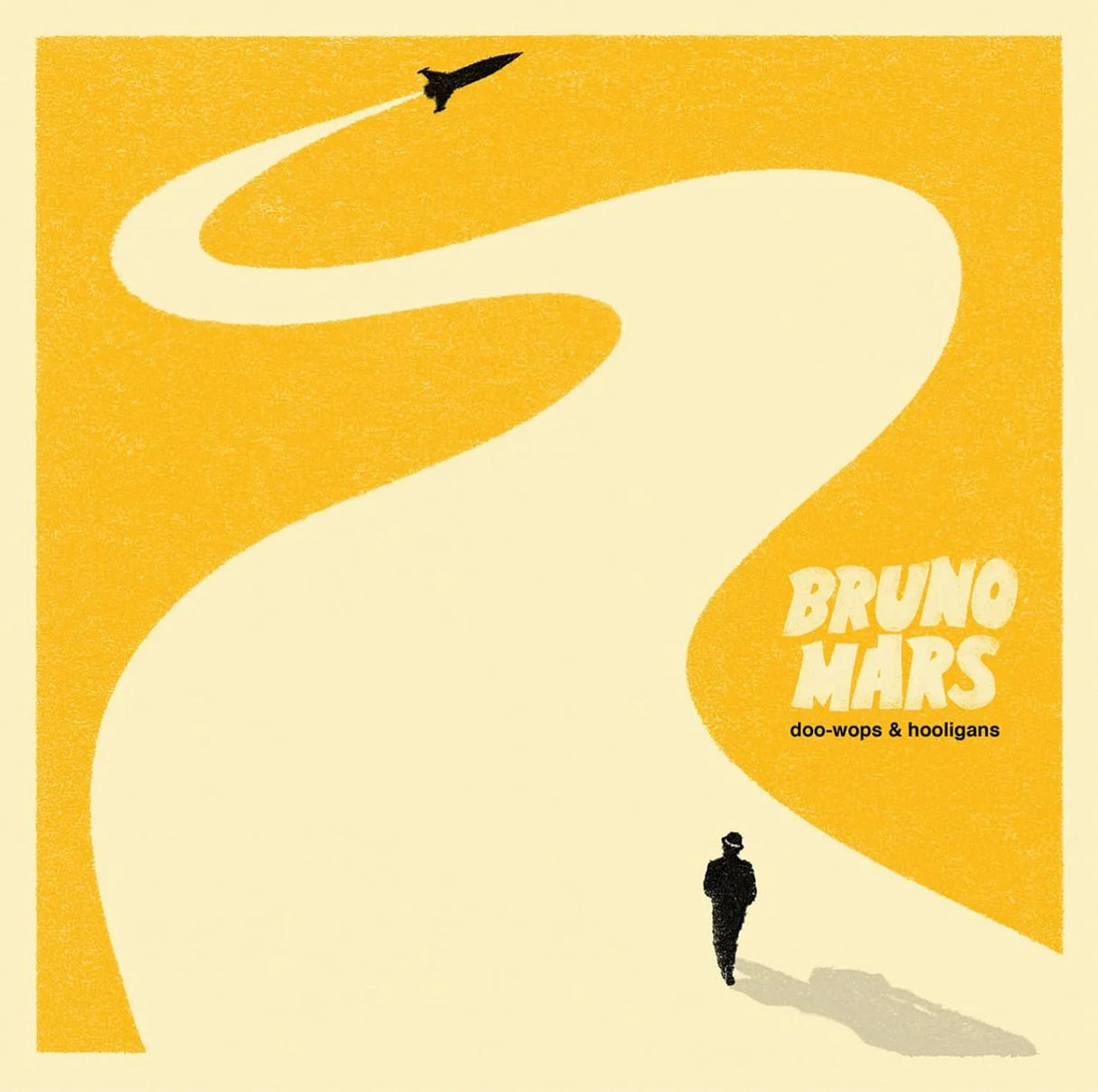 Album cover for 'Doo-Wops & Hooligans' by Bruno Mars with a stylized road, airplane, and silhouette of a person.