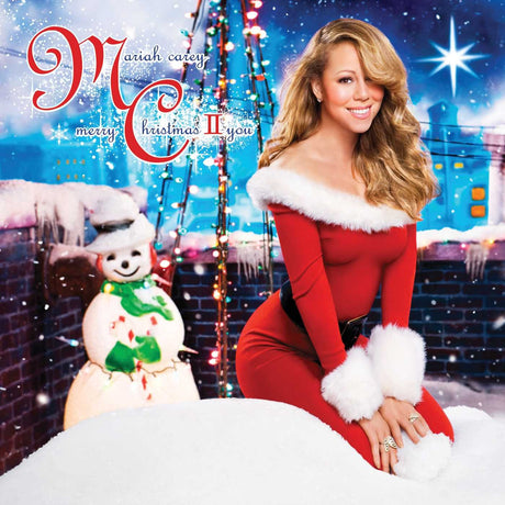 Album cover featuring a person in a red outfit with white fur trim, sitting next to a snowman against a festive background.