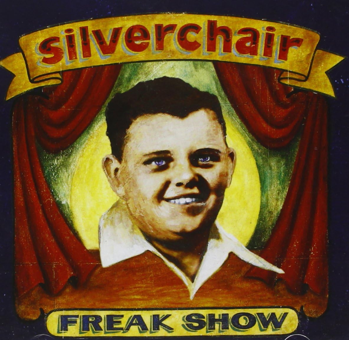 Album cover with a portrait of a young man in front of red curtains and 'Silverchair Freak Show' text.