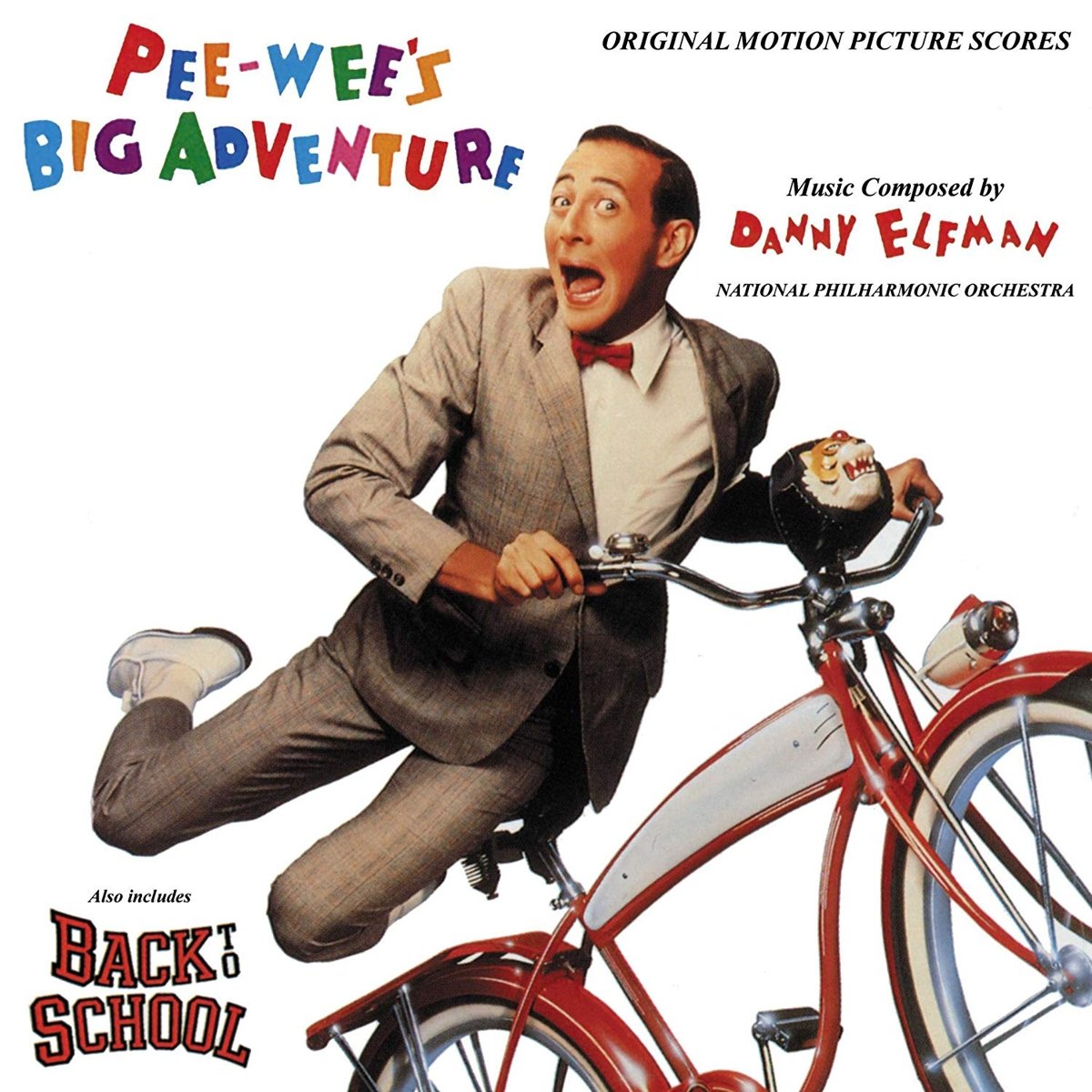 Album cover for 'Pee-wee's Big Adventure' featuring Pee-wee Herman on a bike with colorful text.