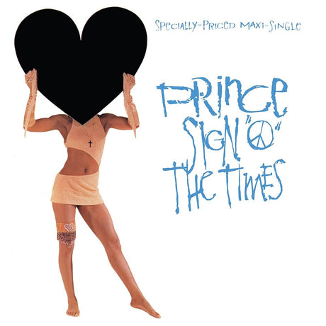 Album cover with a person holding a black heart and text 'Prince Sign O' The Times'.