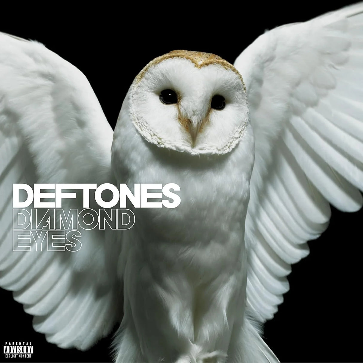 Album cover with a white owl and 'Deftones Diamond Eyes' text on a black background