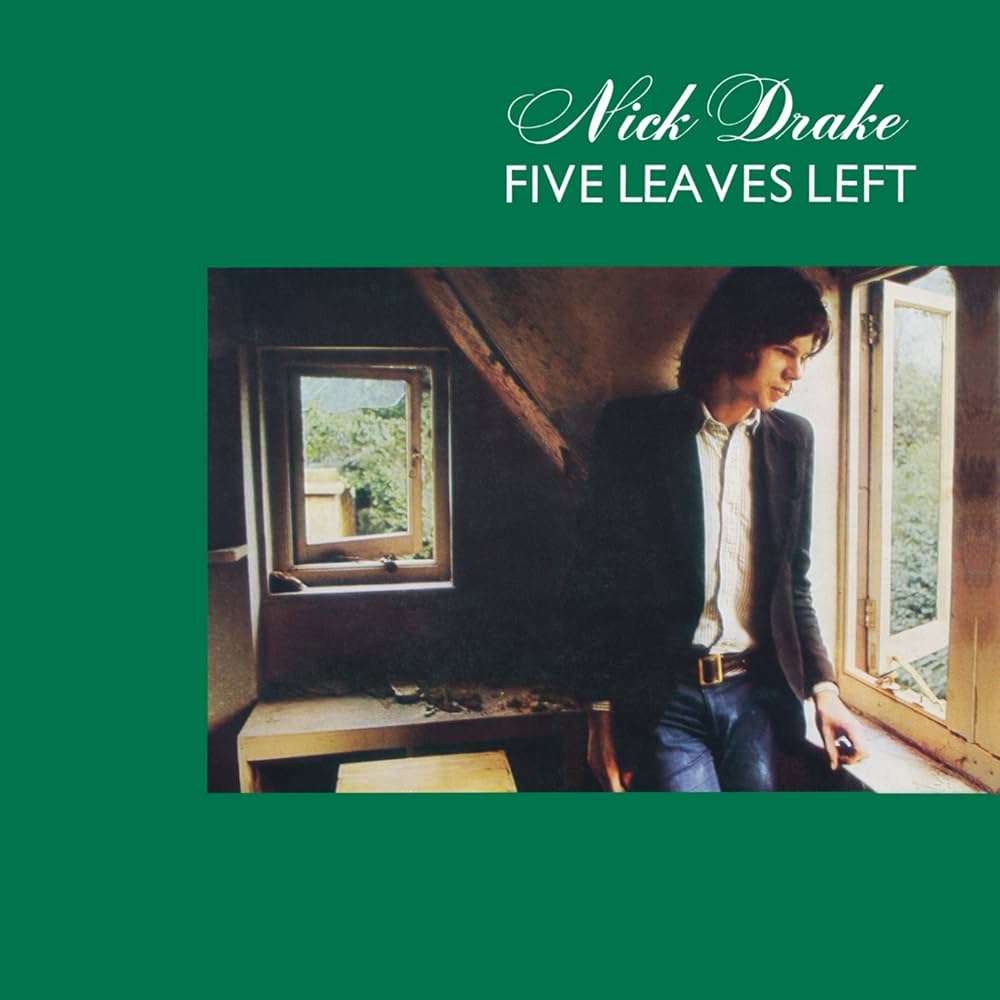 Album cover for 'Five Leaves Left' by Nick Drake with a person standing in a room with windows.