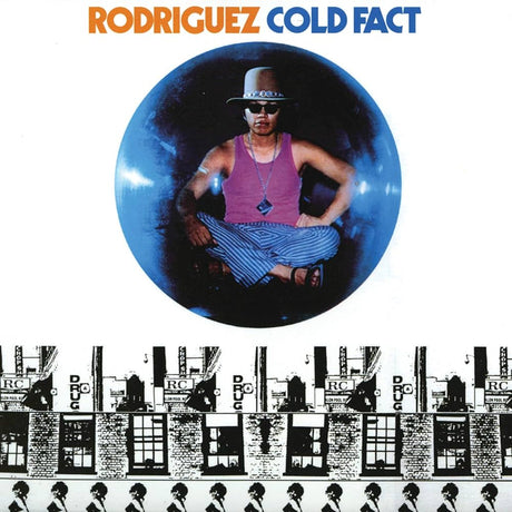 Album cover with a person in a purple tank top and hat, surrounded by text and building silhouettes.