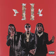 Three men in suits with sunglasses on a red background with flowers and doves.
