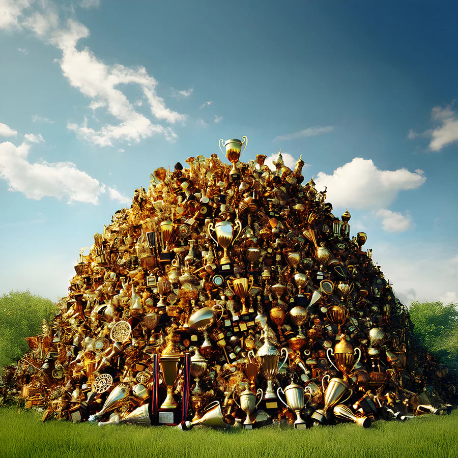 Large pile of trophies on a grassy field with a blue sky.