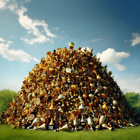 Large pile of trophies on a grassy field with a blue sky.