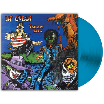 Vinyl record with colorful cover featuring cartoonish characters and text.