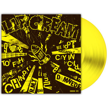 Vinyl record with a yellow label and black cover featuring text and graphics.