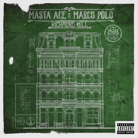 Album cover with architectural blueprint design on a green background